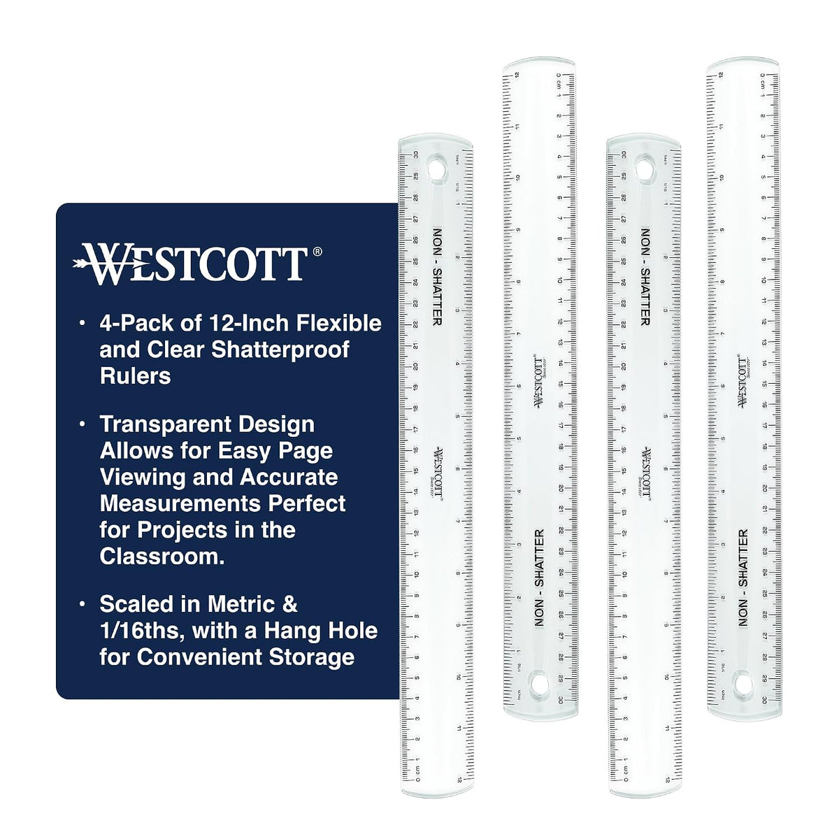 Westcott 12-Inch Flexible Shatterproof Rulers, Flexible Design with Easy-to-Read Markings, for Home, Office, Classroom, Back to School, School Supplies, 4 Pack