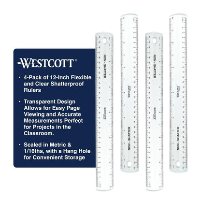 Westcott 12-Inch Flexible Shatterproof Rulers, Flexible Design with Easy-to-Read Markings, for Home, Office, Classroom, Back to School, School Supplies, 4 Pack