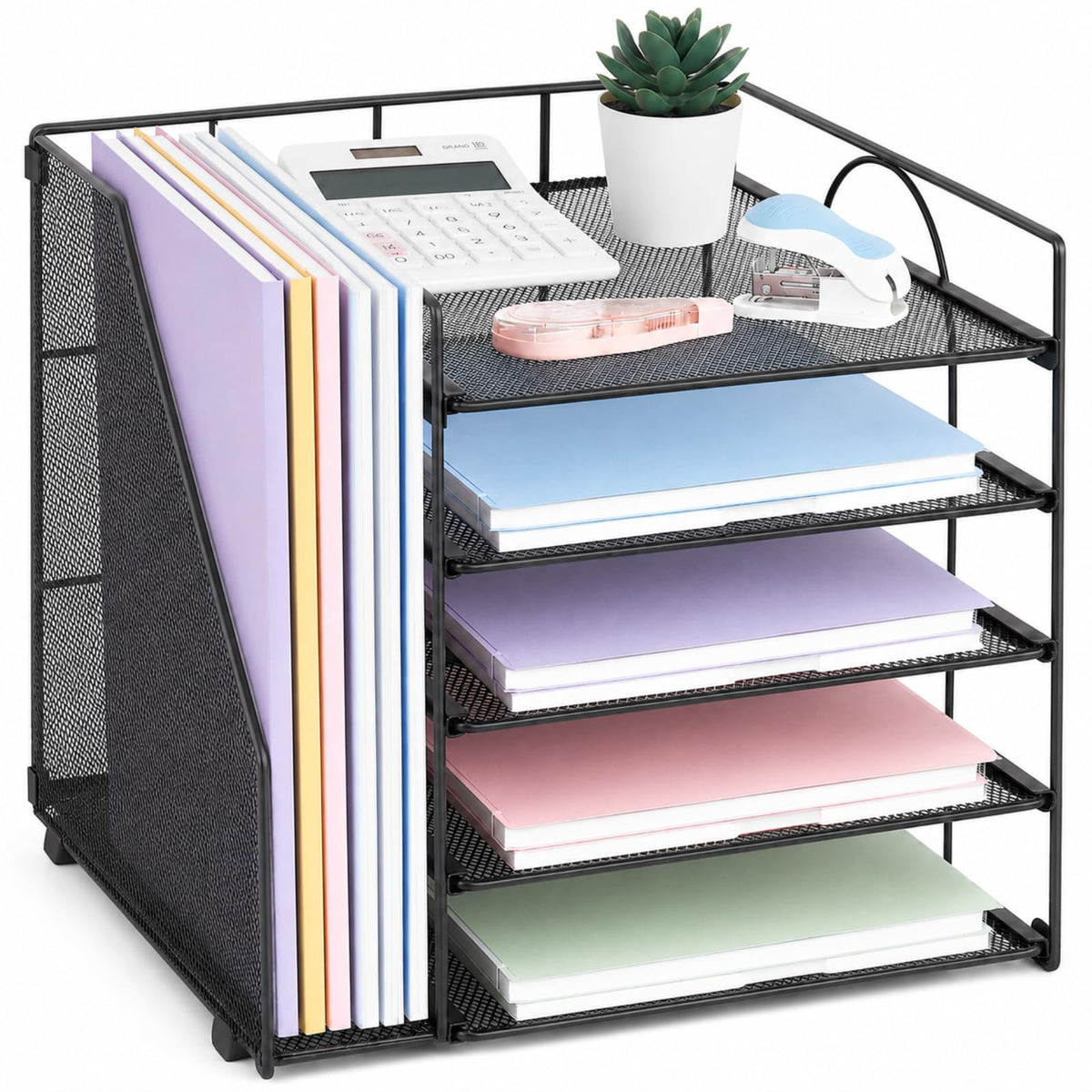 LEKETREE Desk Organizers and Accessories, 5-Tier Paper Letter Tray Organizer with File Holder, Desktop Organizer for Office Supplies (Black)