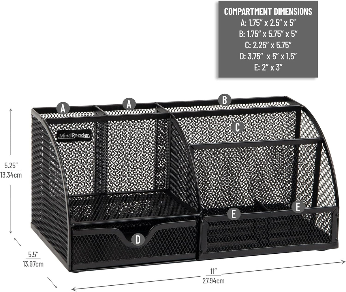 Mind Reader 7-Compartment Desktop Organizer, Metal Mesh Desk Organizer for Pens, Sticky Notes, Mail and Office Supplies, Black