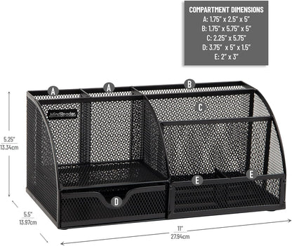 Mind Reader 7-Compartment Desktop Organizer, Metal Mesh Desk Organizer for Pens, Sticky Notes, Mail and Office Supplies, Black