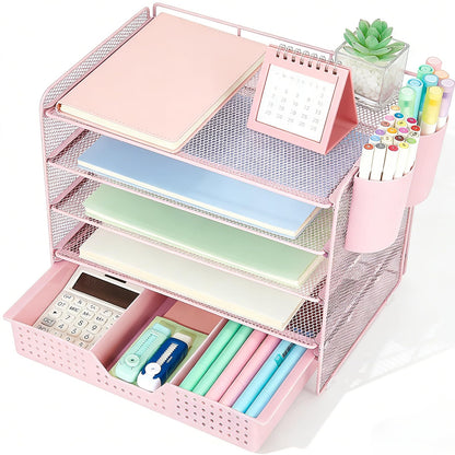 LEKETREE Desk Organizers and Accessories, 5-Tier Paper Letter Tray Organizer with File Holder, Desktop Organizer for Office Supplies (Black)