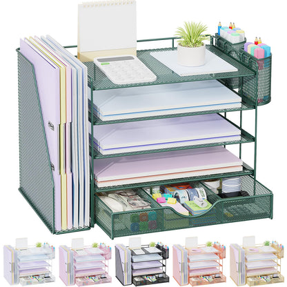 gianotter Desk Organizers and Accessories with File Holder, 4-Tier Desk Accessories & Workspace Organizers with Drawer and 2 Pen Holder, Paper Organizer for Office Supplies (Rose Gold)