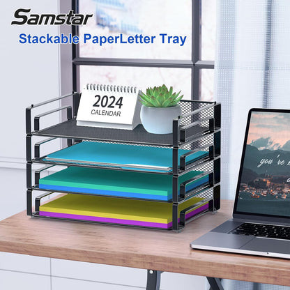 Samstar 4 Pack Stackable Letter Paper Tray, Desk File Organizer Paper Sorter for Letter/A4 Size Folders Documents, Mesh Made