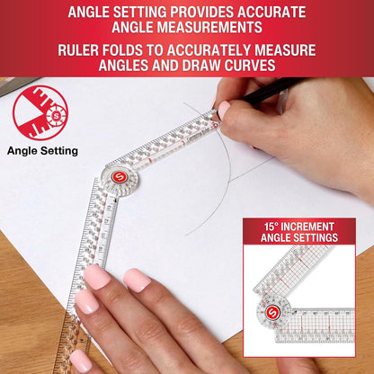 SINGER 12-Inch Folding Ruler with Precision Marking & Zero-Centering for Sewing, Quilting, Crafting & Patternmaking - Clear Metric Ruler - 15 Increment Quick Angle Ruler, Folds to 6”