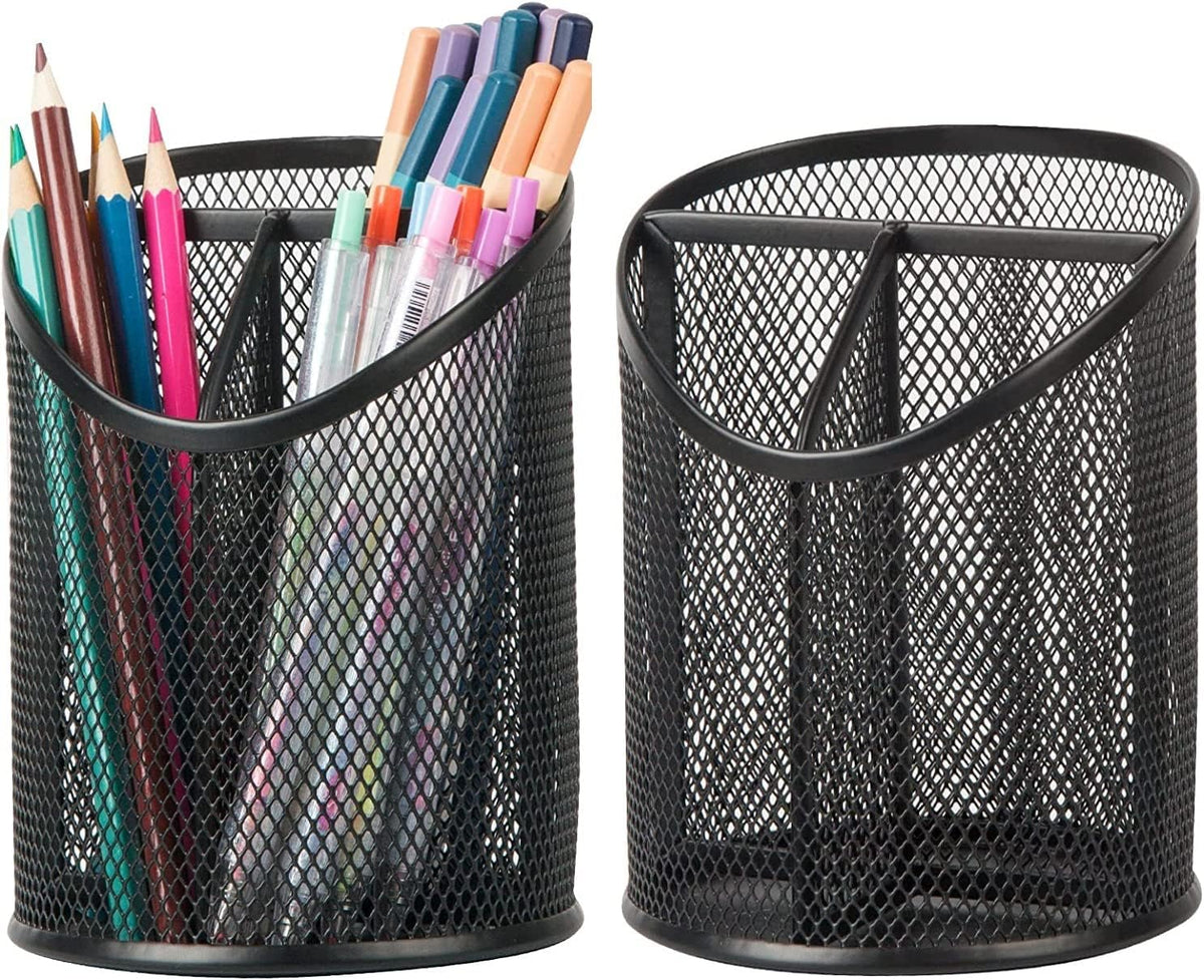 Delifox 2 Pack Pen Holder Mesh Round Pencil Holder 3 Compartments, Black