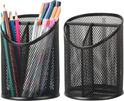 Delifox 2 Pack Pen Holder Mesh Round Pencil Holder 3 Compartments, Black