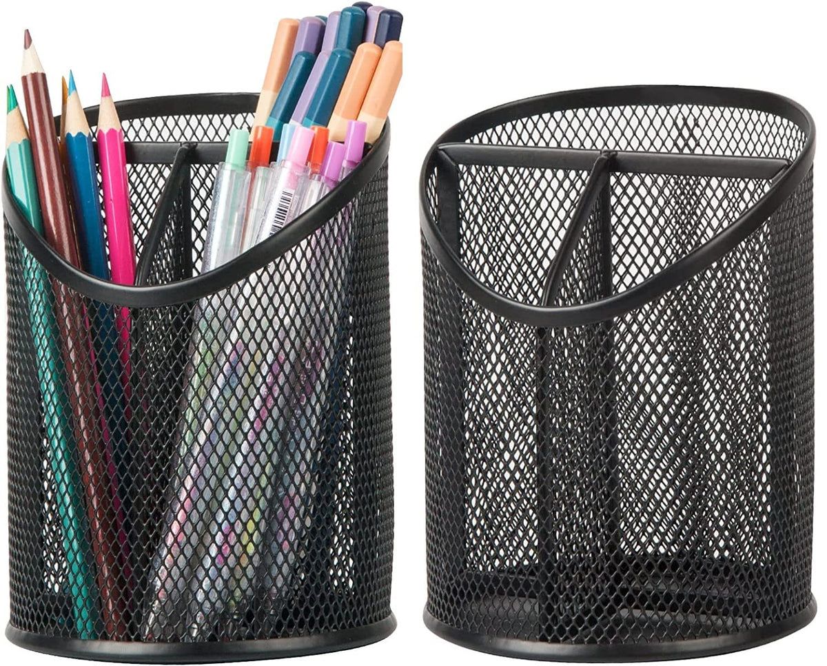 Delifox 2 Pack Pen Holder Mesh Round Pencil Holder 3 Compartments, Black