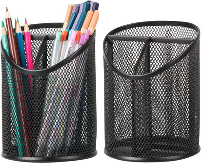 Delifox 2 Pack Pen Holder Mesh Round Pencil Holder 3 Compartments, Black