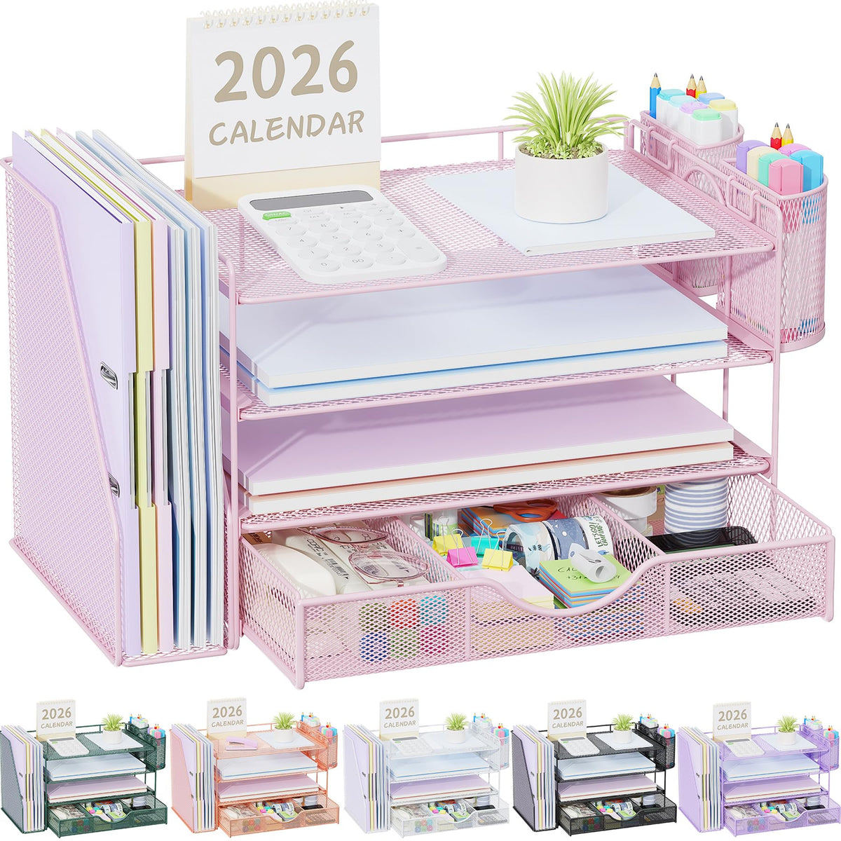 gianotter Desk Organizers and Accessories with File Holder, 4-Tier Desk Accessories & Workspace Organizers with Drawer and 2 Pen Holder, Paper Organizer for Office Supplies(Gold)