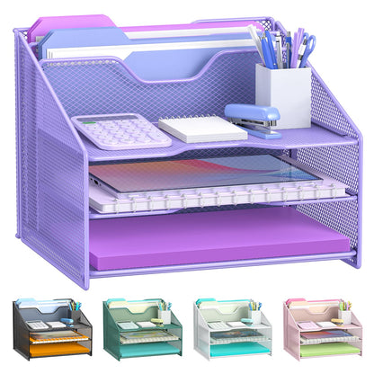 Samstar Desk File Organizer, Mesh Letter File Folder Holder with 3 Paper Trays and 2 Vertical Upright Section, for Office Supplies,Desk Accessories & Workspace,Black.