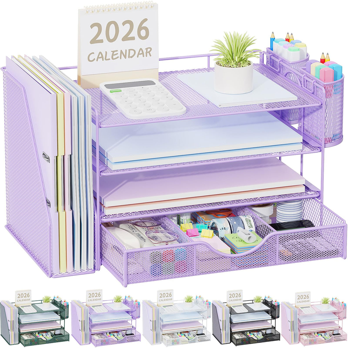gianotter Desk Organizers and Accessories with File Holder, 4-Tier Desk Accessories & Workspace Organizers with Drawer and 2 Pen Holder, Paper Organizer for Office Supplies (Rose Gold)