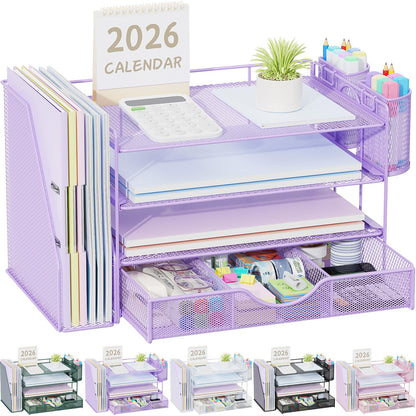 gianotter Desk Organizers and Accessories with File Holder, 4-Tier Desk Accessories & Workspace Organizers with Drawer and 2 Pen Holder, Paper Organizer for Office Supplies(Gold)