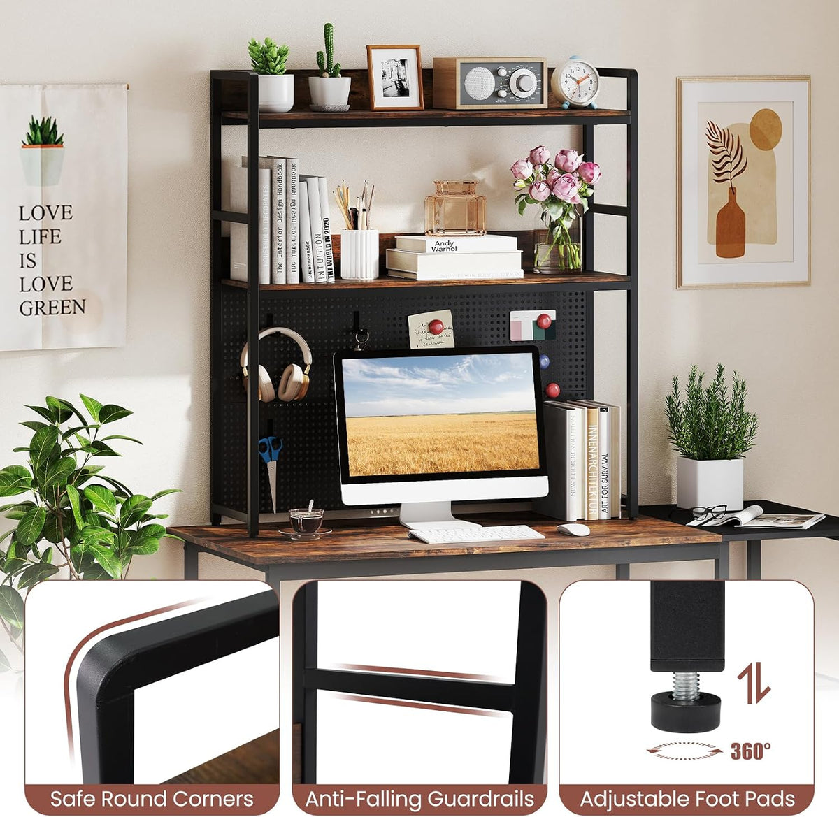 LDAILE 2-Tier Desk Hutch with Pegboard Desktop Organizer