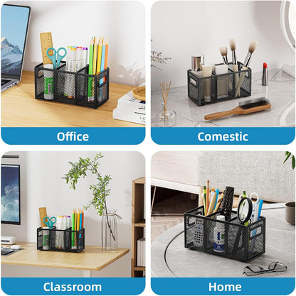 Marbrasse Mesh Pen Holder for Desk, Pencil Holder Desk Organizer 3 Adjustable Compartments, Pencil Cup with Handle Perfect for Classroom, Office, Home, Makeup, Art (Black)