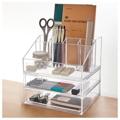 STORi Stackable Desk Drawer Organizer, Clear Pen Pencil Makeup Brush Holder for Desktops and Vanities, 4 Wide Drawers (Made in USA)
