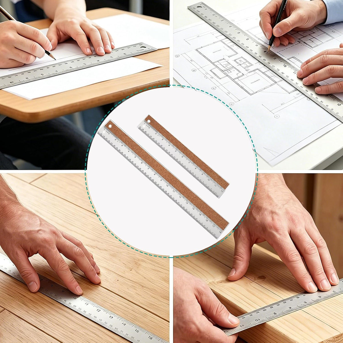 Metal Ruler 6+12 Inch Stainless Steel Ruler with Cork Backing
