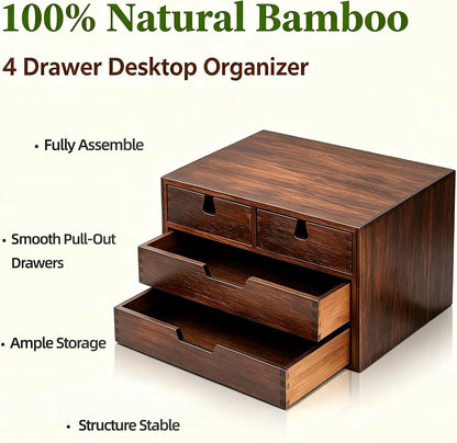 DEAYOU Bamboo Desk Organizer, 100% Natural Bamboo Desktop Drawer Organizer, Dark Brown Tabletop Storage Cabinet Organization Box with 4 Drawer for Makeup, Letter, Home, 3 Layer, Fully Assemble