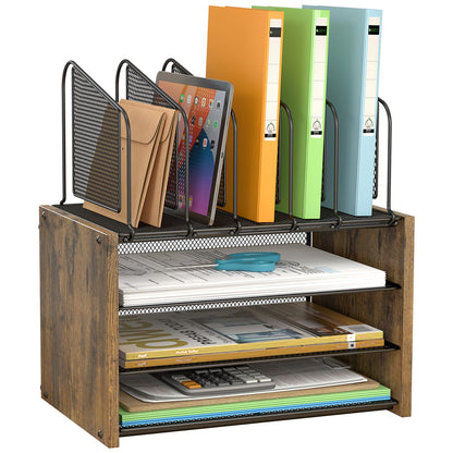 DAOUTIME 4-Tier Mesh Desk Organizer, Wooden Desk File Organizer with 5 Vertical File Holders and 2 Pen Holders, Desktop Organizers and Accessories with Drawer for Home Office