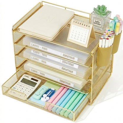 LEKETREE Desk Organizers and Accessories, 5-Tier Paper Letter Tray Organizer with File Holder, Desktop Organizer for Office Supplies (Black)