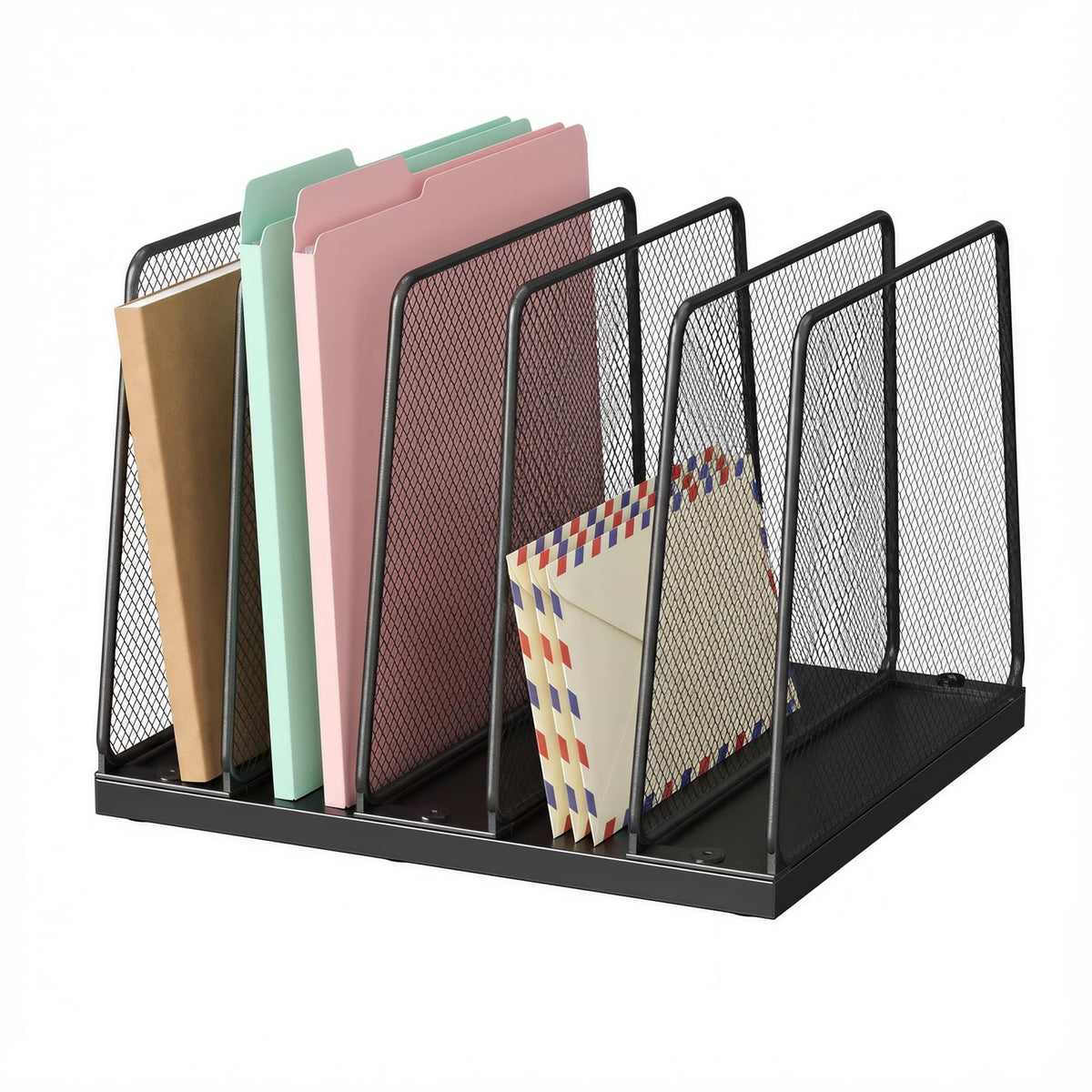 LEKETREE Gold Desk File Organizer, 5-Section Upright File Sorter, Vertical File Folder Holder, Mesh Metal Wood Office Desk Organizer for Document, Magazine, Books and more (White and Gold)