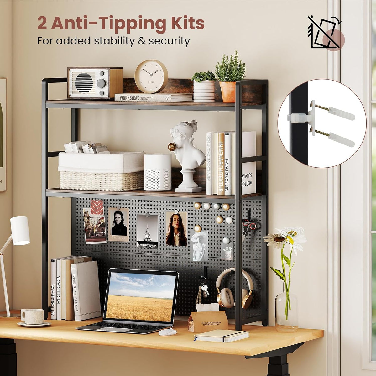 LDAILE 2-Tier Desk Hutch with Pegboard Desktop Organizer