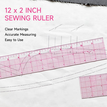 YLaziion Clear Ruler for Sewing 2x12 Inch Grid Graph Ruler 1.4mm Thick PVC