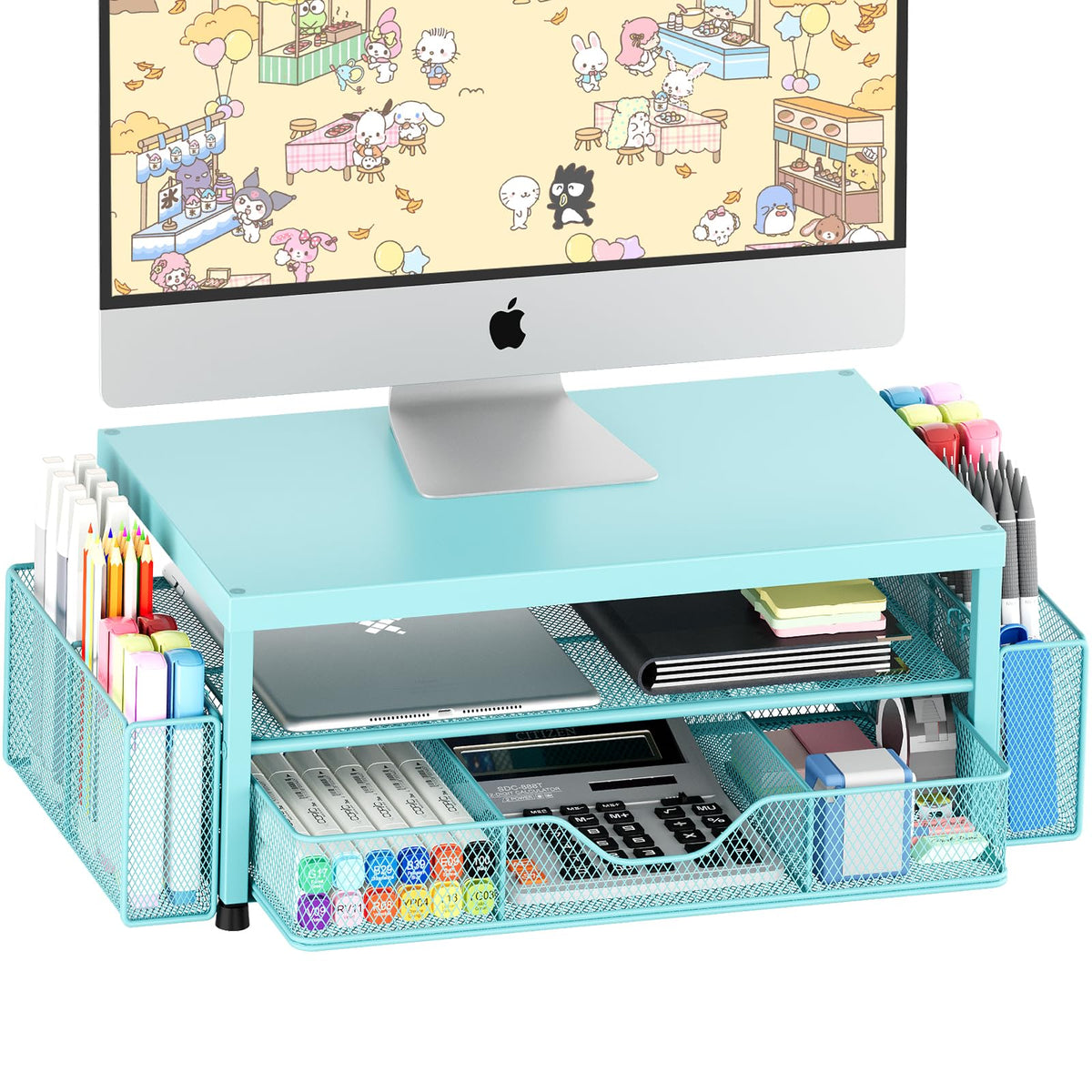 OPNICE Desk Organizer and Accessories, 2-Tier Computer Monitor Stand Riser with Drawer and 2 Pen Holders, Laptop Stand, Office Desk Accessories for Office Supplies, Black