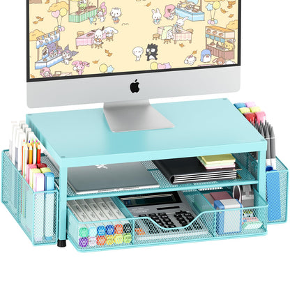 OPNICE Desk Organizer and Accessories, 2-Tier Computer Monitor Stand Riser with Drawer and 2 Pen Holders, Laptop Stand, Office Desk Accessories for Office Supplies, Black