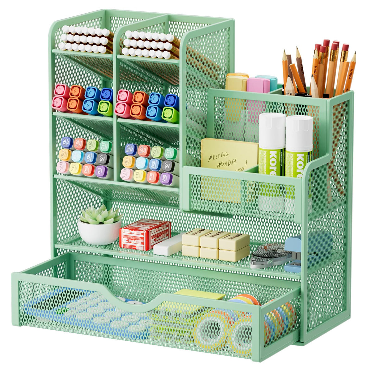Marbrasse Mesh Pen Holder for Desk, Multi-Functional Pencil Organizer with Drawer, Desk Organizers and Accessories for Office Art Supplies (Black)