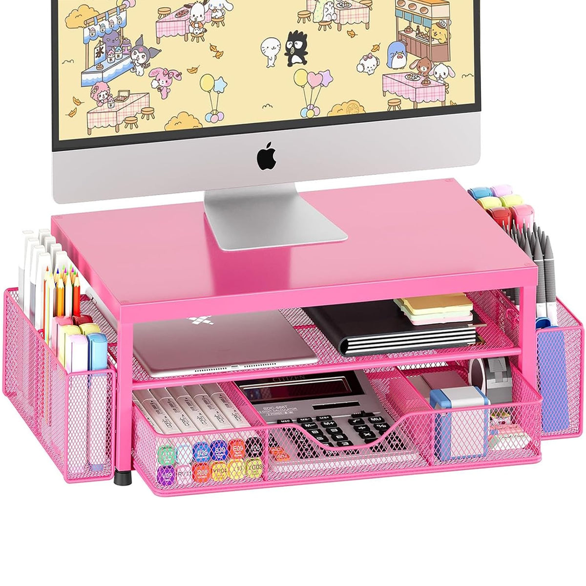 OPNICE Desk Organizers and Accessories, Computer Monitor Stand Riser with Drawer and 2 Pen Holders, Printer & Laptop Stand, Office Desk Accessories & Workspace Organizers for Home Office Supplies, Black