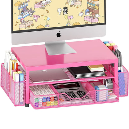 OPNICE Desk Organizers and Accessories, Computer Monitor Stand Riser with Drawer and 2 Pen Holders, Printer & Laptop Stand, Office Desk Accessories & Workspace Organizers for Home Office Supplies, Black