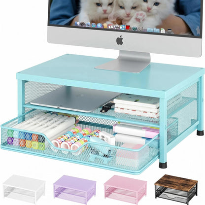 OPNICE Computer Monitor Stand Riser, Desk Organizer with Drawer, Printer & Laptop Stand, Office Desk Accessories & Workspace Desktop Organizers Storage for Office Supplies(Brown)