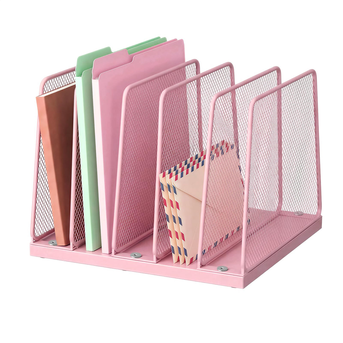 LEKETREE Gold Desk File Organizer, 5-Section Upright File Sorter, Vertical File Folder Holder, Mesh Metal Wood Office Desk Organizer for Document, Magazine, Books and more (White and Gold)