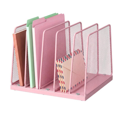 LEKETREE Gold Desk File Organizer, 5-Section Upright File Sorter, Vertical File Folder Holder, Mesh Metal Wood Office Desk Organizer for Document, Magazine, Books and more (White and Gold)