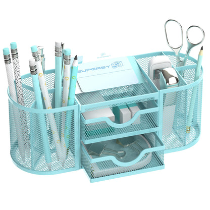 SUPEASY Mesh Desk Organizer, Pen Holder for Desk with 2 Drawers, Black