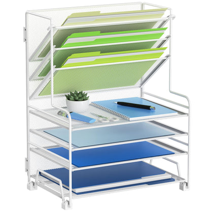 MINDEPOT 4-Tier Paper Organizer + 3-Pocket File Holder + Drawer + Pen Holders, Desktop File Organizers Paper Tray for Office Accessories School Classroom Organization (Black)