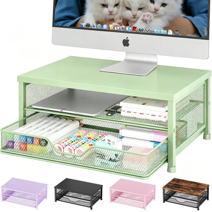 OPNICE Computer Monitor Stand Riser, Desk Organizer with Drawer, Printer & Laptop Stand, Office Desk Accessories & Workspace Desktop Organizers Storage for Office Supplies(Brown)