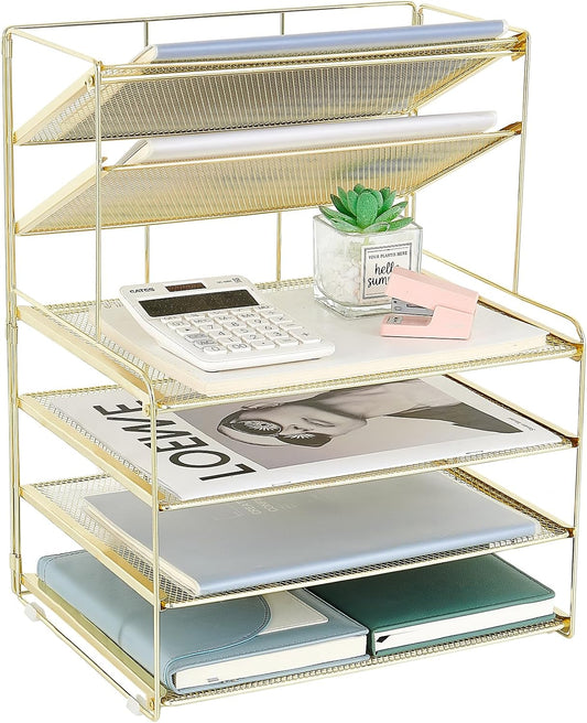 OPNICE Desk Organizer, 6-Tier Paper Organizer Letter Tray, Gold