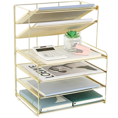 OPNICE Desk Organizer, 6-Tier Paper Organizer Letter Tray, Gold