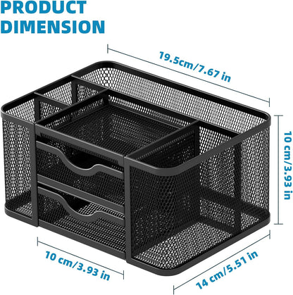 Marbrasse Mesh Desk Organizer, Pen Organizer with 2 Drawer, Multi-Functional Pencil Holder, Desk Organizers and Accessories with 5 Compartments + Drawer for Office Art Supplies (Black)