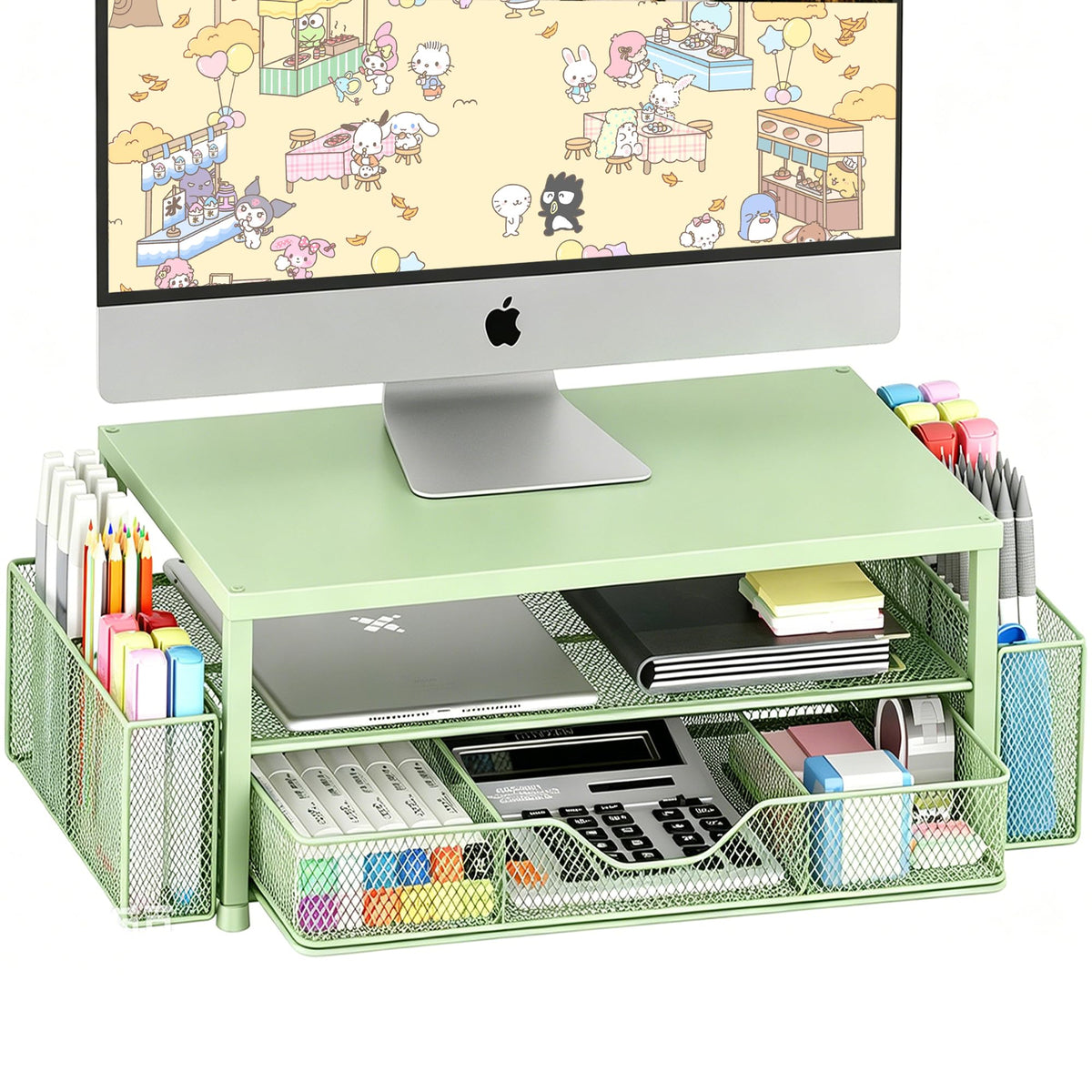 OPNICE Desk Organizers and Accessories, Computer Monitor Stand Riser with Drawer and 2 Pen Holders, Printer & Laptop Stand, Office Desk Accessories & Workspace Organizers for Home Office Supplies, Black