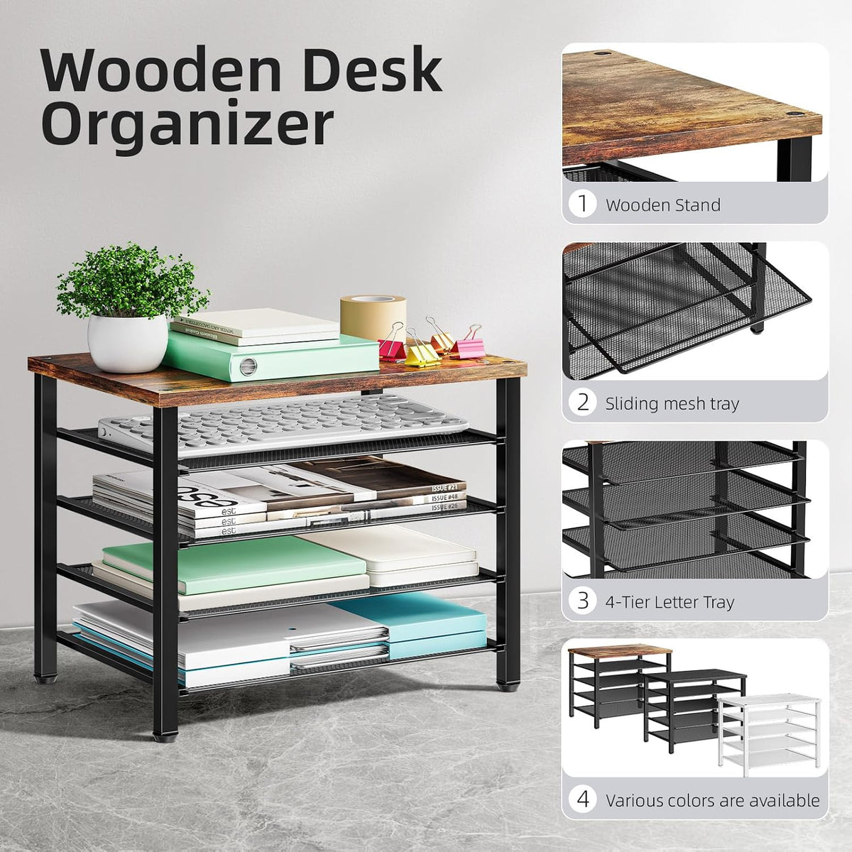 Marbrasse Wooden Desk Organizer, 5 Tier Paper Organizer Letter Tray, Brown