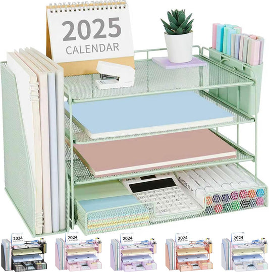 OPNICE Desk Organizer, 4-Tier Desktop File Organizer with Drawer and Pen Holders, Office Desk Accessories, File Sorters, Workspace Organizers for Office Supplies(Green)