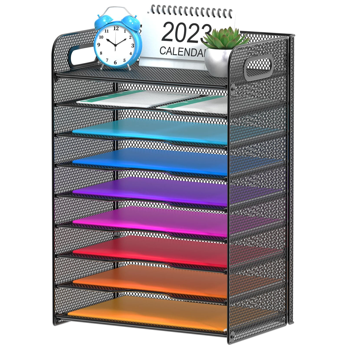 Samstar 3 Tier Letter Tray Paper Organizer with Handle, Mesh Desk Organizer Paper Sorter File Rack Shelves, Black
