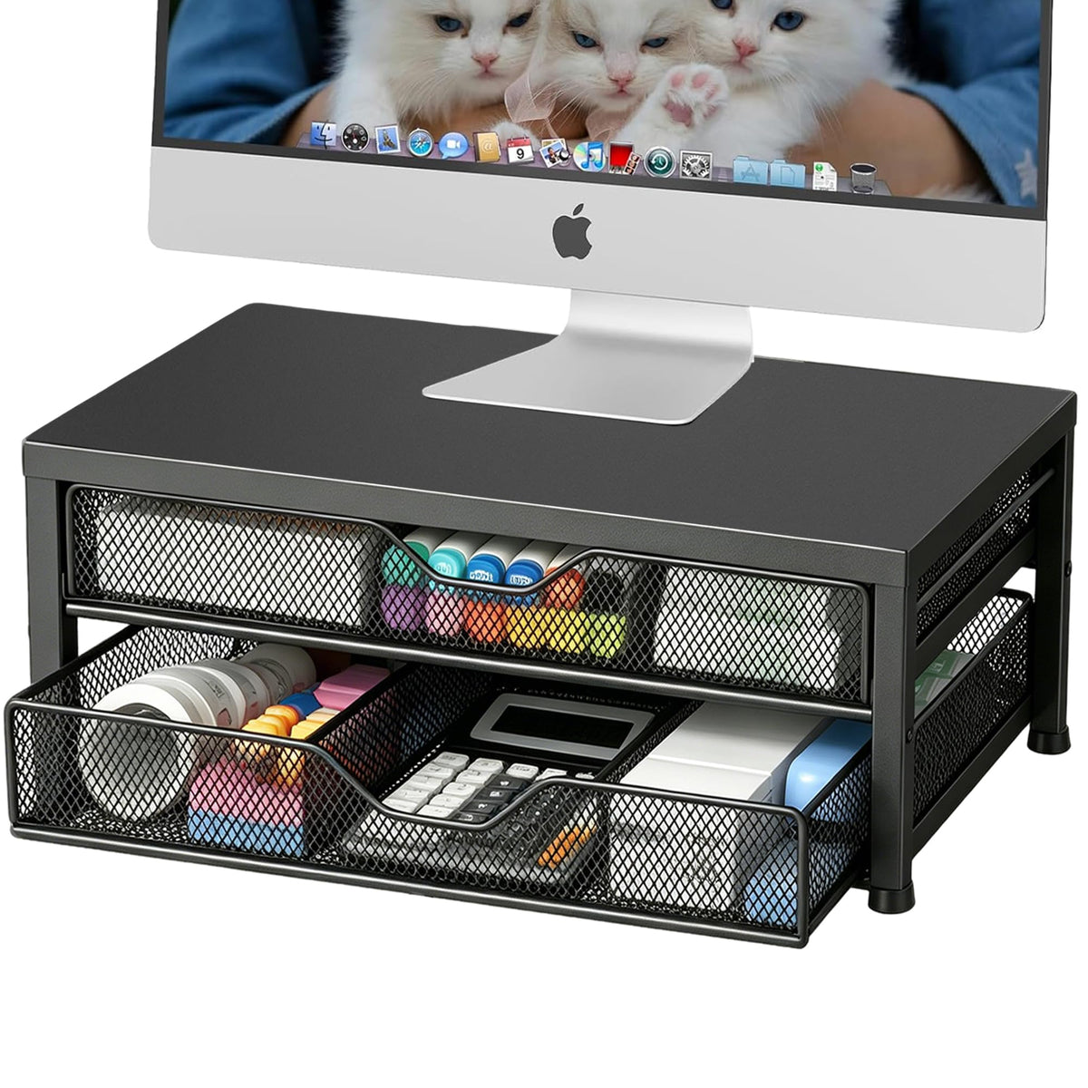 OPNICE Computer Monitor Stand Riser, Desk Organizer with Drawer, Printer & Laptop Stand, Office Desk Accessories & Workspace Desktop Organizers Storage for Office Supplies(Brown)