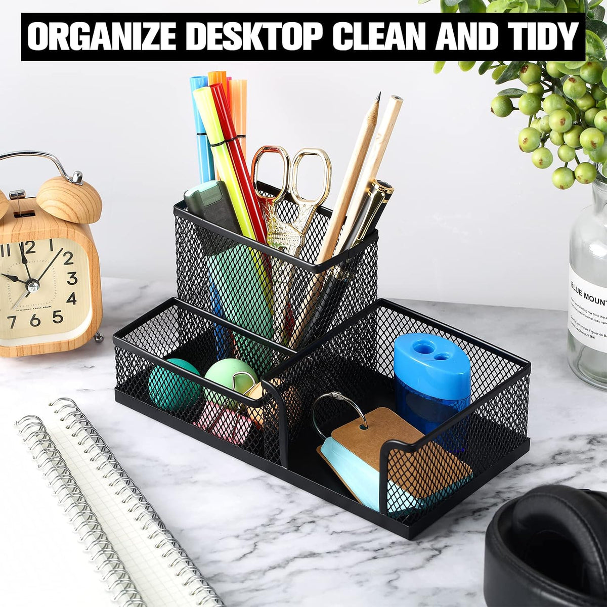 Ferraycle 4 Pcs Mesh Desk Organizer 3 Compartments Mesh Metal Pen Holder