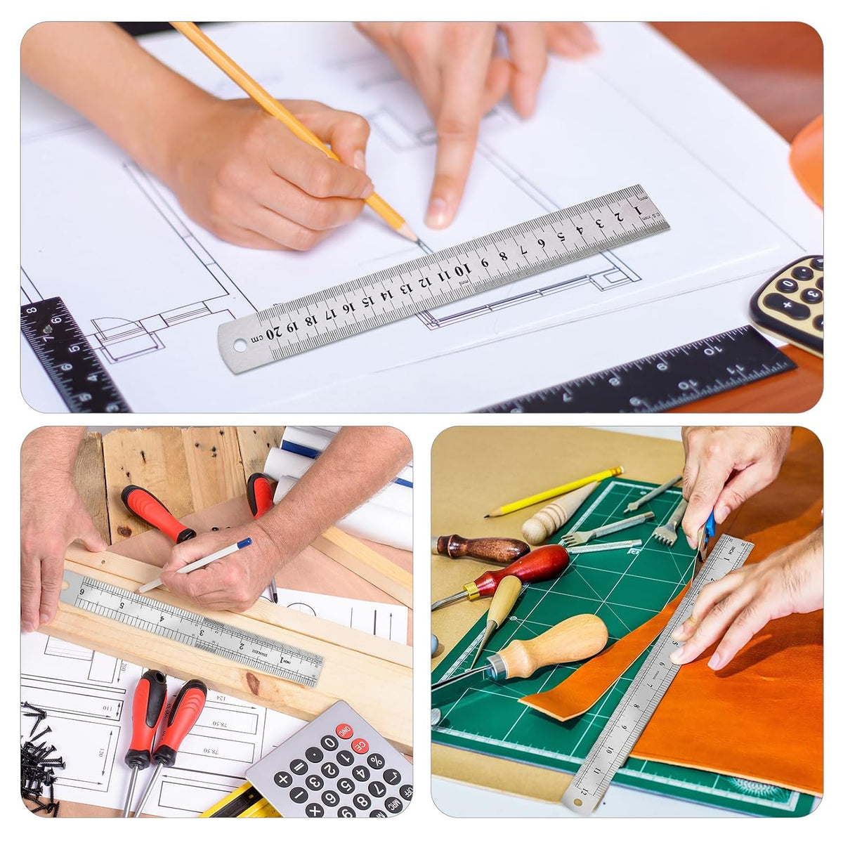 Metal Ruler, 3 Pack, 6, 8, 12 Inch (15, 20, 30 CM) | Metric Ruler