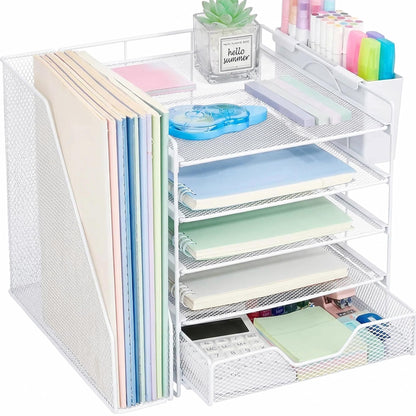 5-Tier Desk File Organizer with Drawer & Pen Holder (Black)
