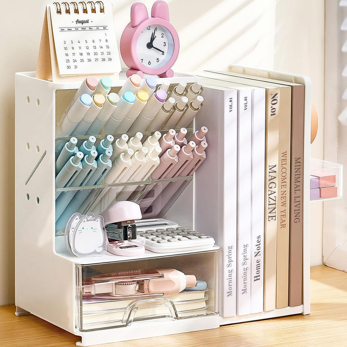 Sooez Desk Organizer with Bookends, Pegboard & Drawer, Pen & Pencil Holder